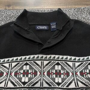 Chaps Sweater Mens XL Black Fair Isle Henley Mock Neck Cotton Knit Pullover